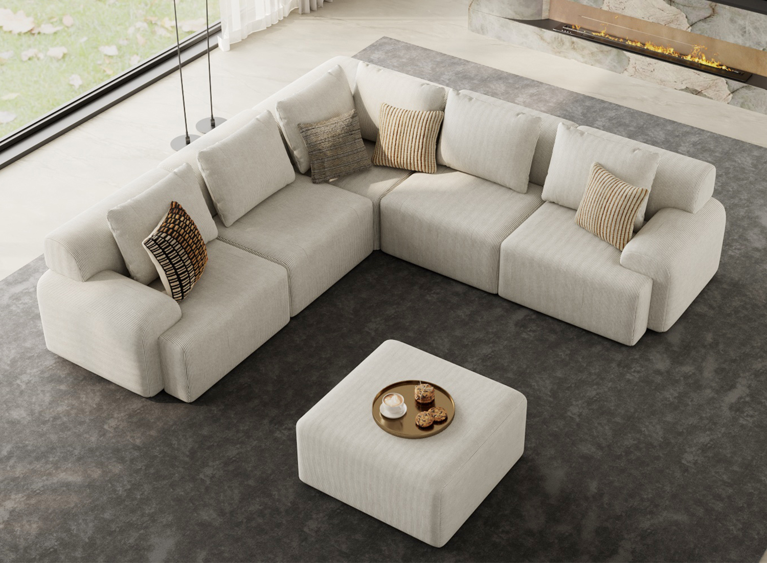 Kalafini Boneless Couches for Living Room, Modular Sectional Sofa, Plush Corduroy Sectional Couches, Convertible Oversized Sofa – No Assembly Required (Beige, 5 Seats with 1 Ottoman, V-Shape)