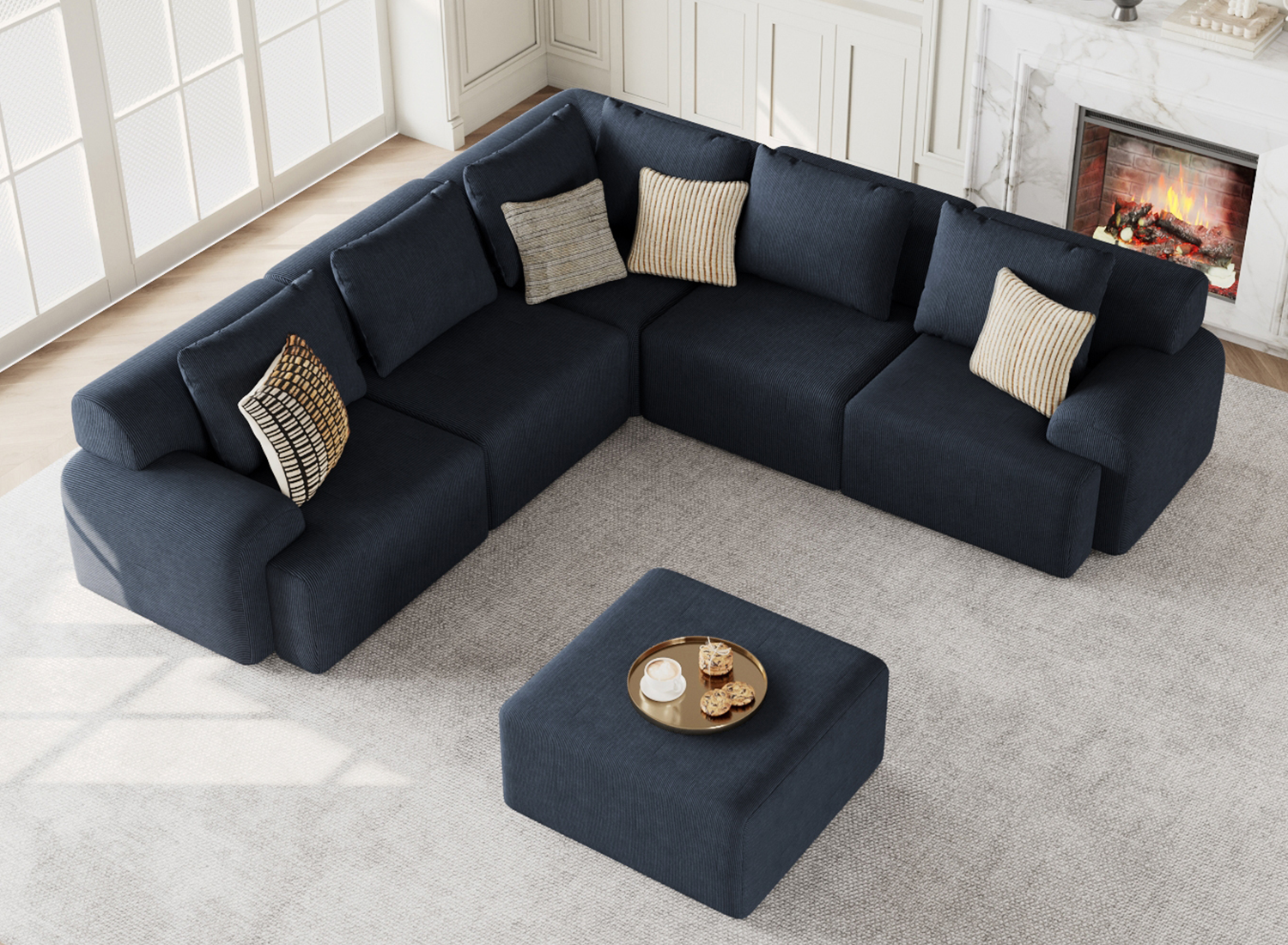 Kalafini Boneless Couches for Living Room, Modular Sectional Sofa, Plush Corduroy Sectional Couches, Convertible Oversized Sofa – No Assembly Required (Gray, 5 Seats with 1 Ottoman, V-Shape)