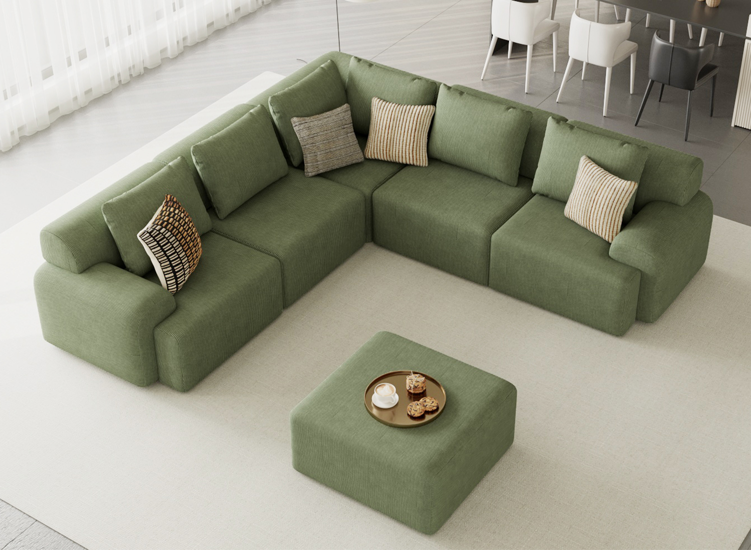 Kalafini Boneless Couches for Living Room, Modular Sectional Sofa, Plush Corduroy Sectional Couches, Convertible Oversized Sofa – No Assembly Required (Green, 5 Seats with 1 Ottoman, V-Shape)
