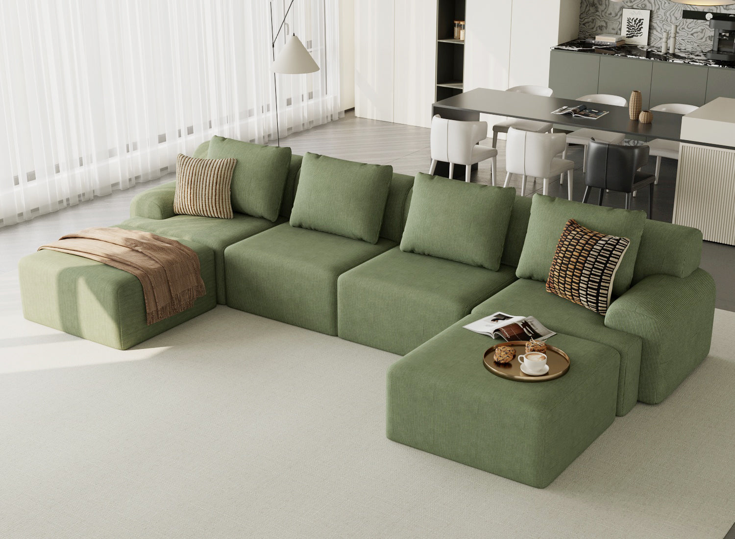 Kalafini Boneless Couches for Living Room, Modular Sectional Sofa, Plush Corduroy Sectional Couches, Convertible Oversized Sofa – No Assembly Required (Green, 4 Seats with 2 Ottoman, U-Shape)