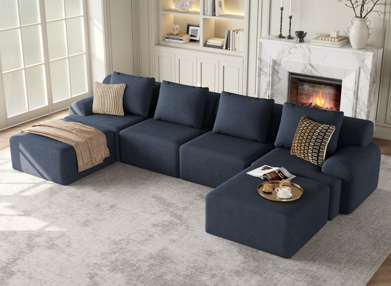 Kalafini Boneless Couches for Living Room, Modular Sectional Sofa, Plush Corduroy Sectional Couches, Convertible Oversized Sofa – No Assembly Required (Gray, 4 Seats with 2 Ottoman, U-Shape)