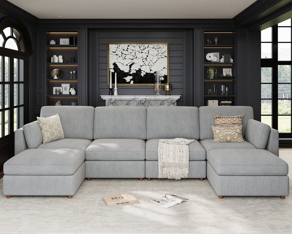 153'' Oversized Modular Sectional Sofa with Ottoman, Gray 6-Seat U-Shaped Luxury Corner Sectional Couches for Living Room, Solid Wood Frame Sofa, Removable Washable Cover, Deep Seat Couch