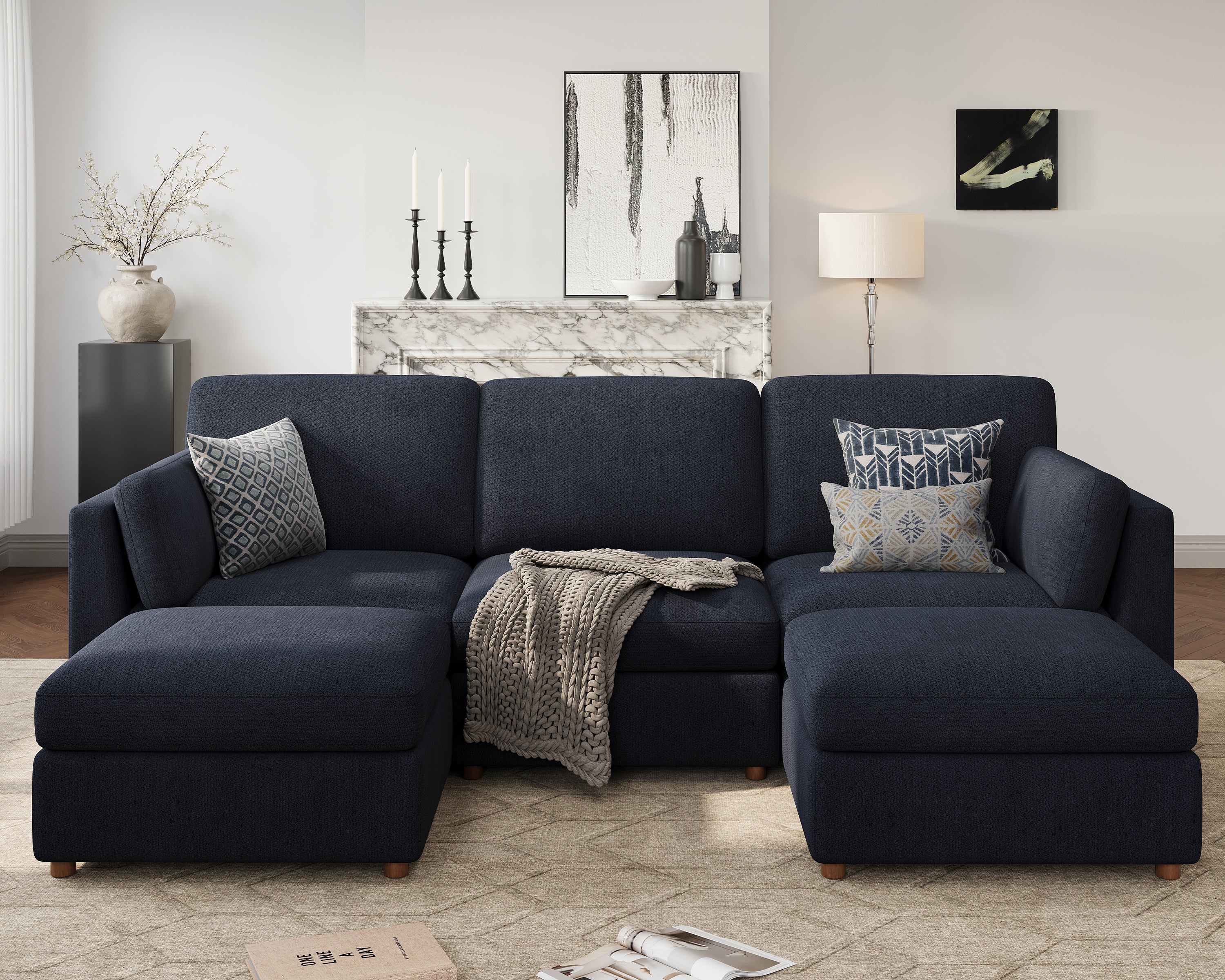 118'' Oversized Modular Sectional Sofa with Ottoman, Blue U-Shaped 5-Seat Luxury Corner Sectional Couches for Living Room, Solid Wood Frame Sofa, Removable Washable Cover, Deep Seat Couch