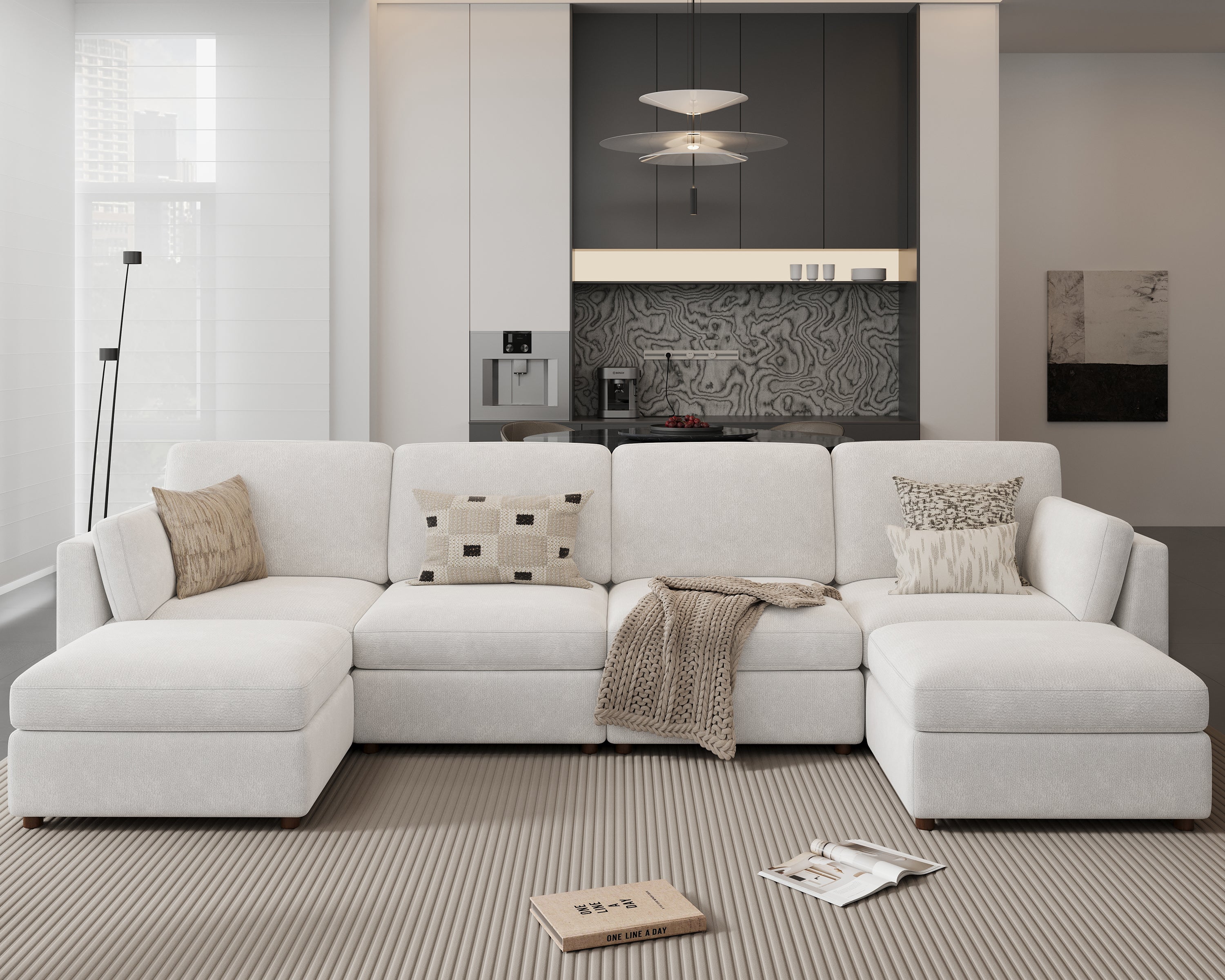 153'' Oversized Modular Sectional Sofa with Ottoman, White 6-Seat U-Shaped Luxury Corner Sectional Couches for Living Room, Solid Wood Frame Sofa, Removable Washable Cover, Deep Seat Couch