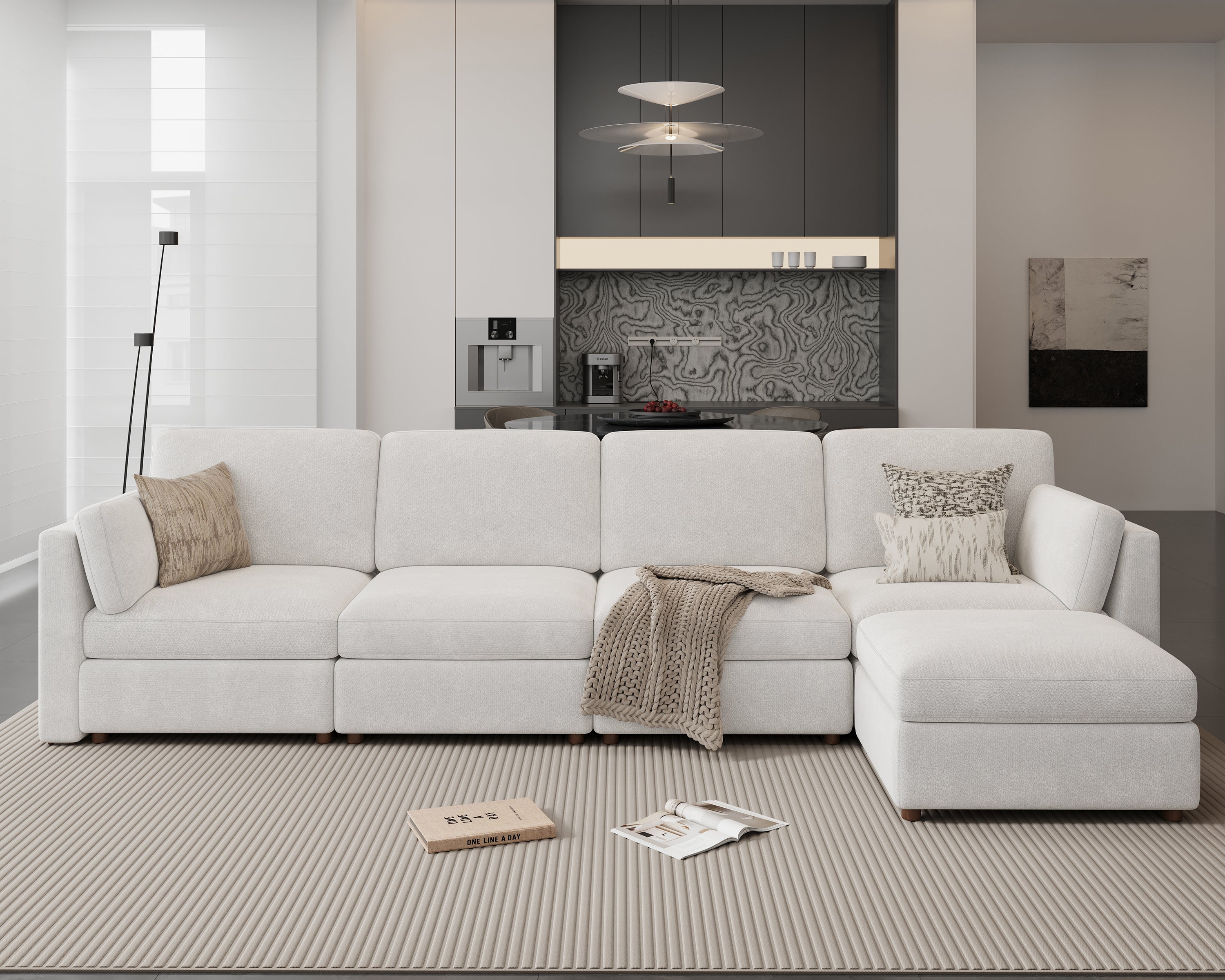 153'' Oversized Modular Sectional Sofa with Ottoman, White L-Shaped 5-Seat Luxury Corner Sectional Couches for Living Room, Solid Wood Frame Sofa, Removable Washable Cover, Deep Seat Couch