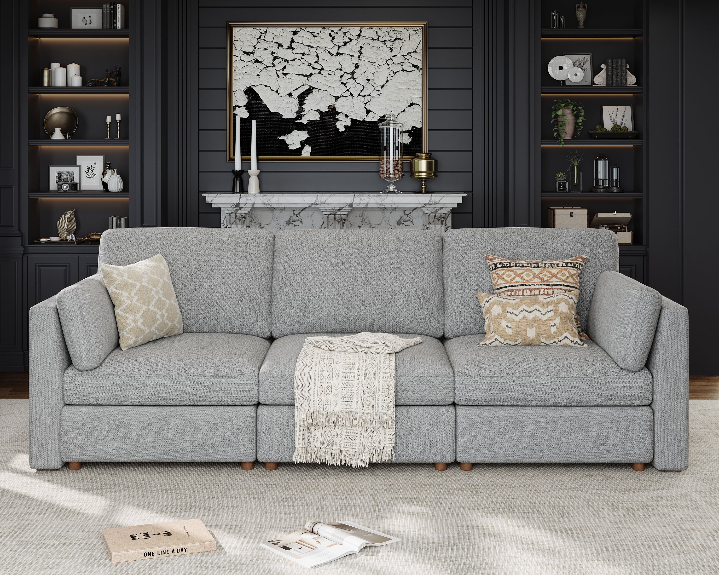 118'' Oversized Modular Sectional Sofa with Ottoman, Gray 3-Seat Luxury Corner Sectional Couches for Living Room, Solid Wood Frame Sofa, Removable Washable Cover, Deep Seat Couch