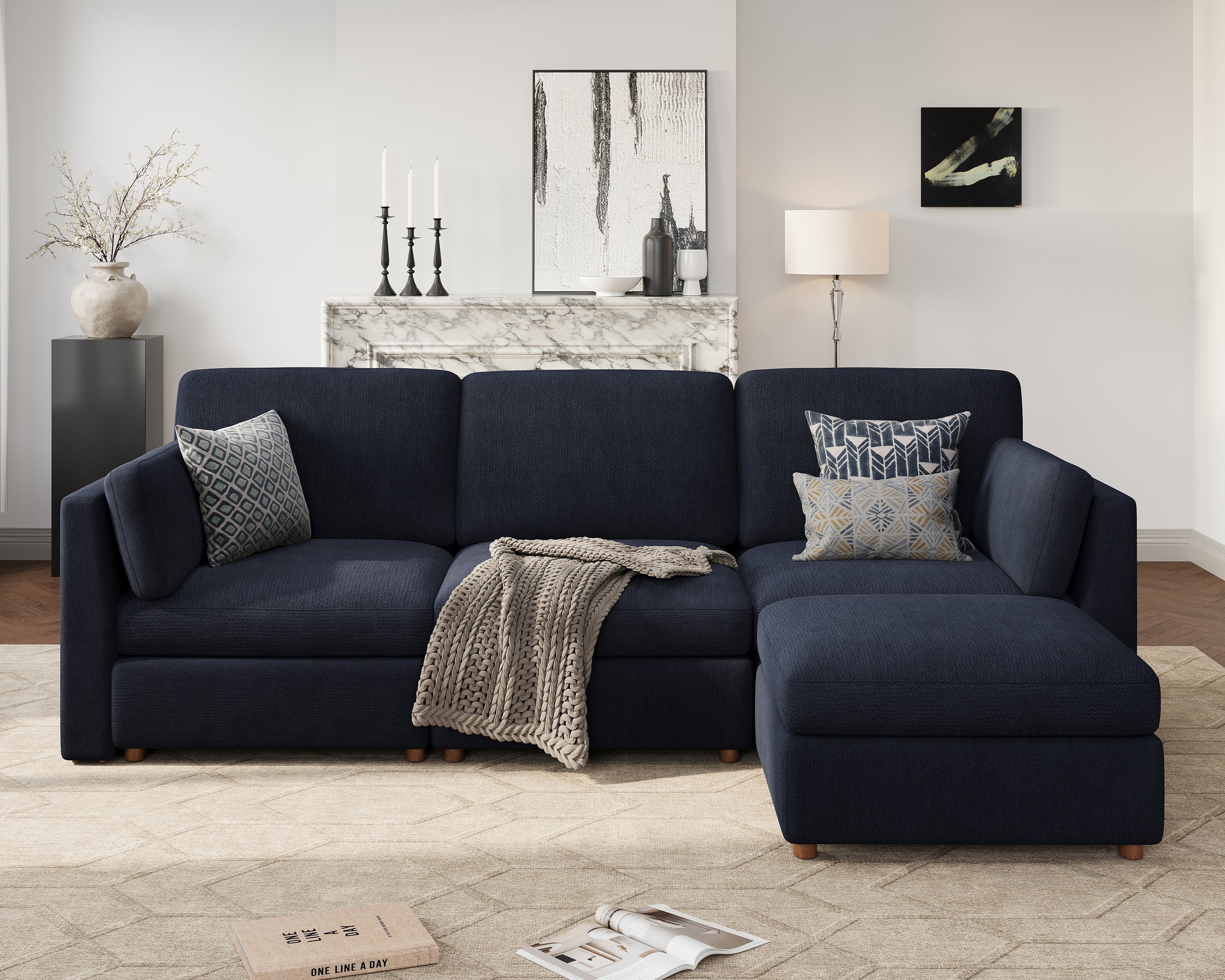 118'' Oversized Modular Sectional Sofa with Ottoman, Blue L-Shaped 4-Seat Luxury Corner Sectional Couches for Living Room, Solid Wood Frame Sofa, Removable Washable Cover, Deep Seat Couch