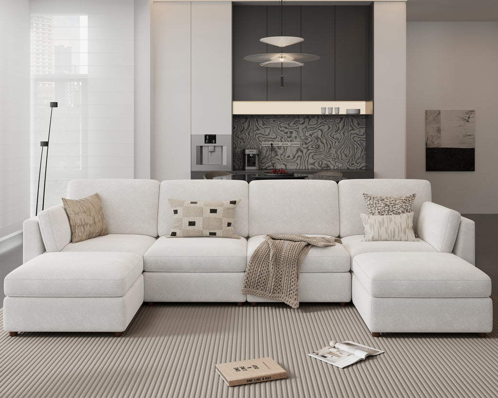 153'' Oversized Modular Sectional Sofa with Ottoman, White 6-Seat U-Shaped Luxury Corner Sectional Couches for Living Room, Solid Wood Frame Sofa, Removable Washable Cover, Deep Seat Couch