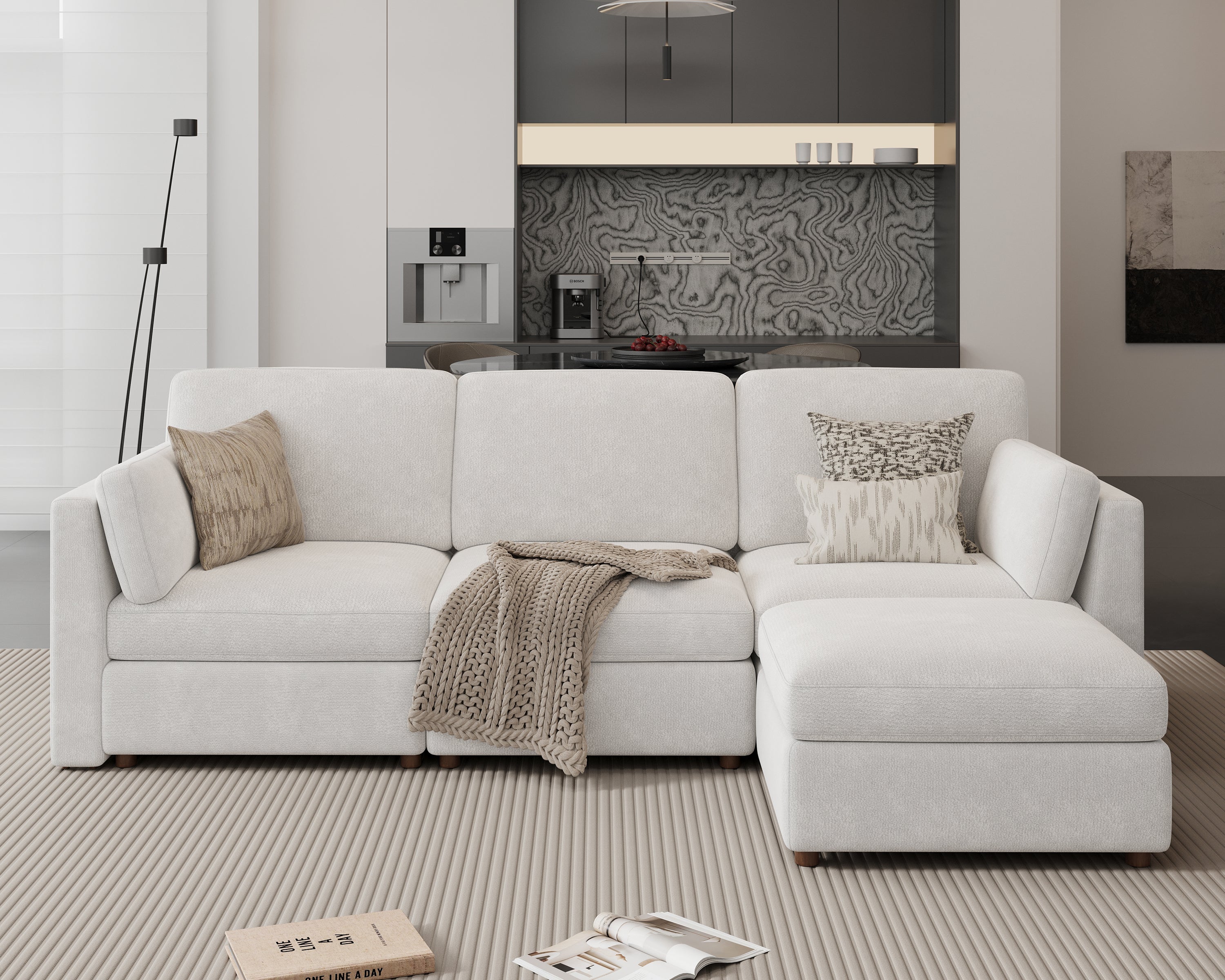 118'' Oversized Modular Sectional Sofa with Ottoman, White L-Shaped 4-Seat Luxury Corner Sectional Couches for Living Room, Solid Wood Frame Sofa, Removable Washable Cover, Deep Seat Couch