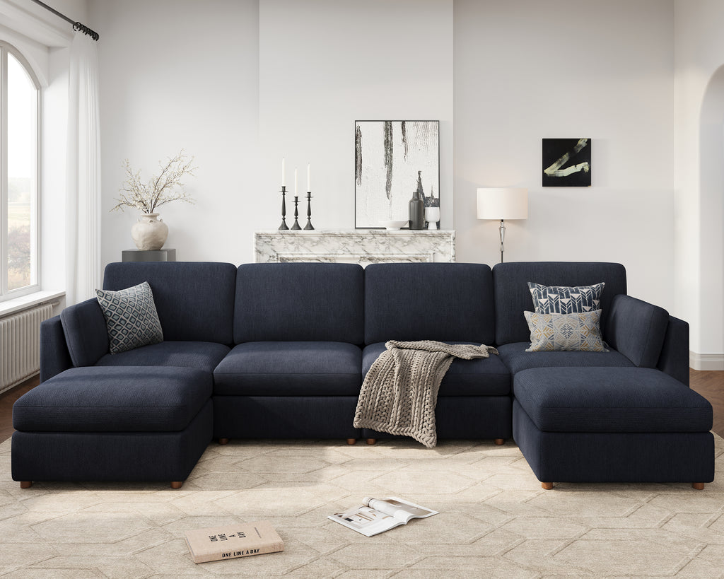 153'' Oversized Modular Sectional Sofa with Ottoman, Blue 6-Seat U-Shaped Luxury Corner Sectional Couches for Living Room, Solid Wood Frame Sofa, Removable Washable Cover, Deep Seat Couch