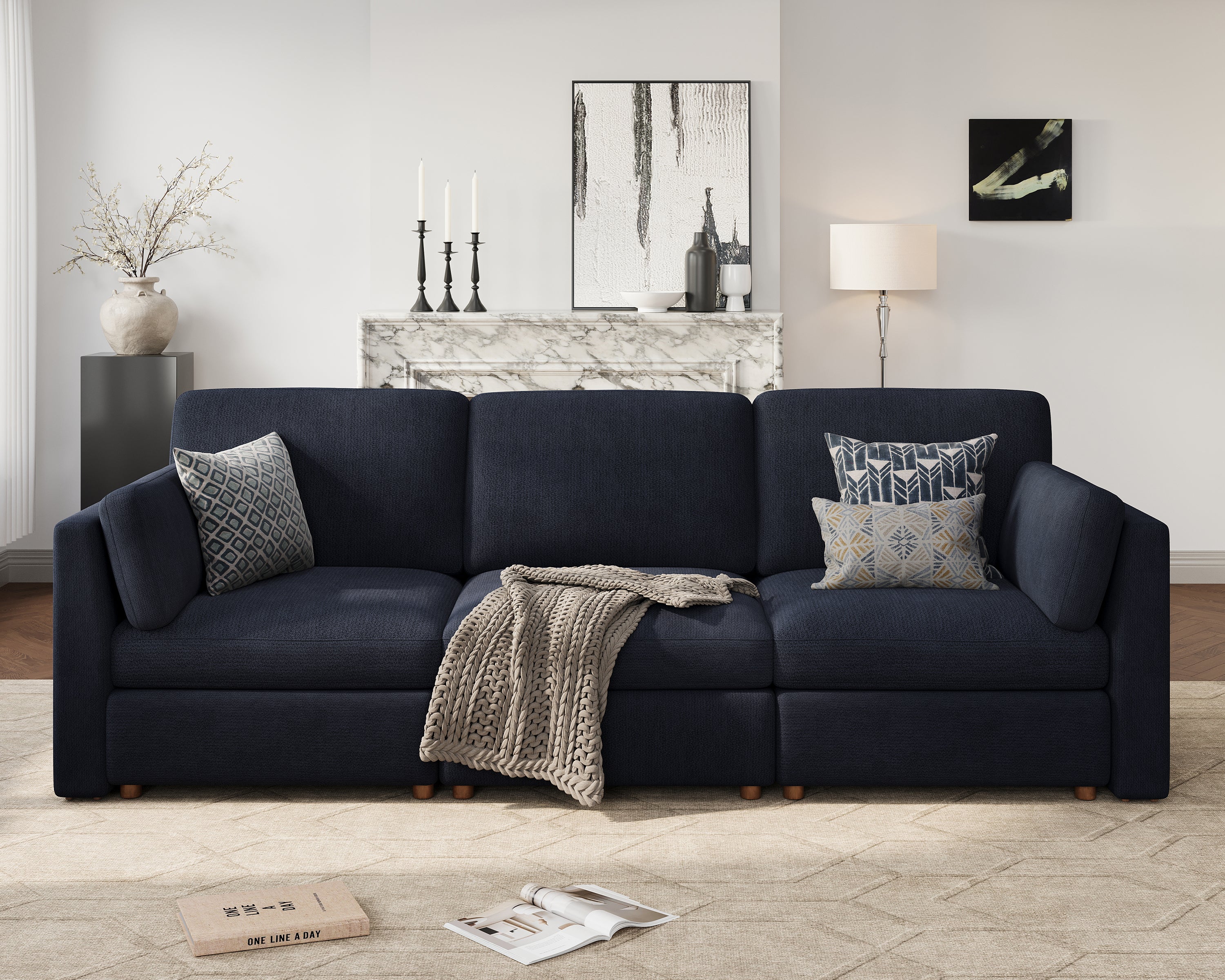 118'' Oversized Modular Sectional Sofa with Ottoman, Blue 3-Seat Luxury Corner Sectional Couches for Living Room, Solid Wood Frame Sofa, Removable Washable Cover, Deep Seat Couch