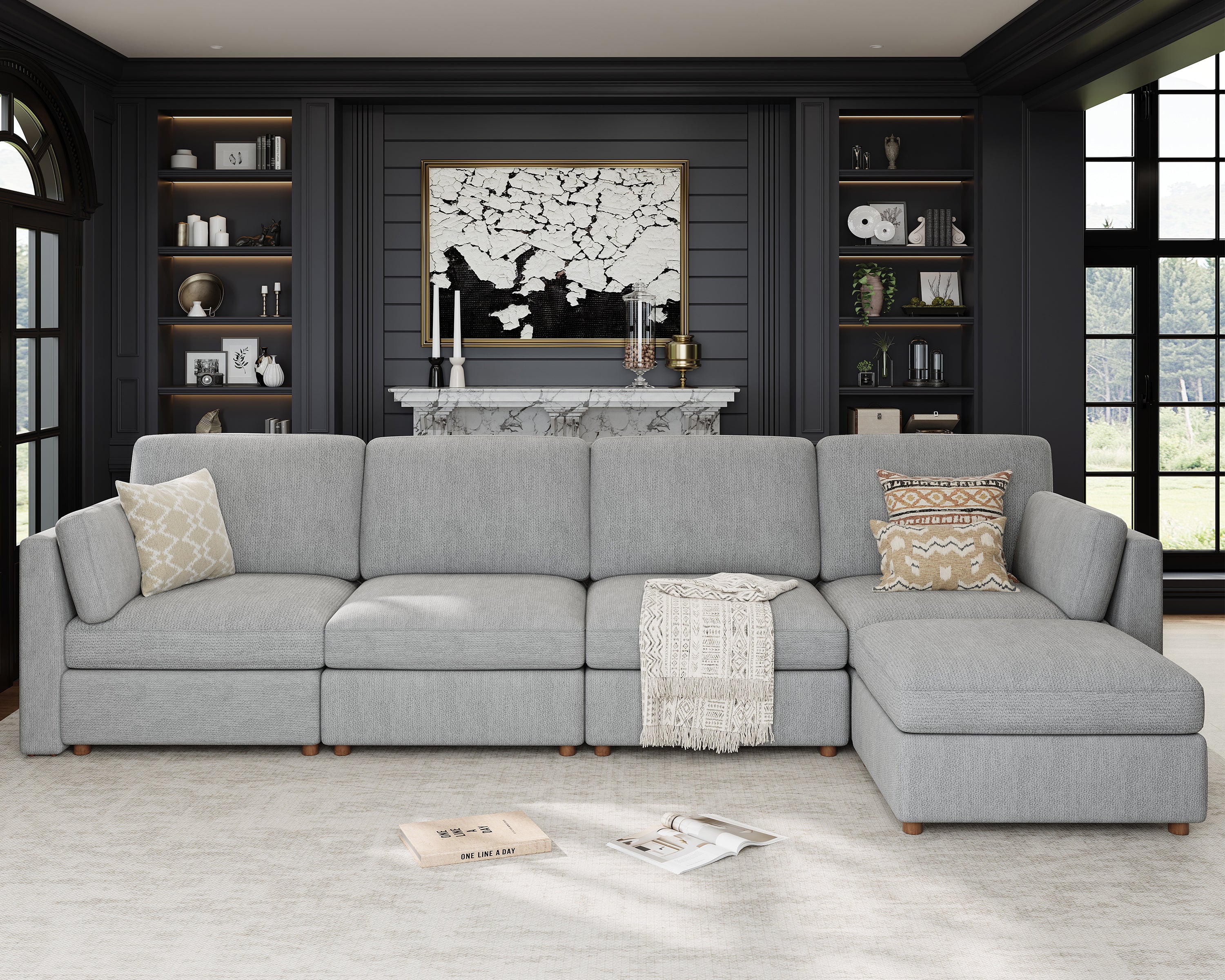 153'' Oversized Modular Sectional Sofa with Ottoman, Gray L-Shaped 5-Seat Luxury Corner Sectional Couches for Living Room, Solid Wood Frame Sofa, Removable Washable Cover, Deep Seat Couch