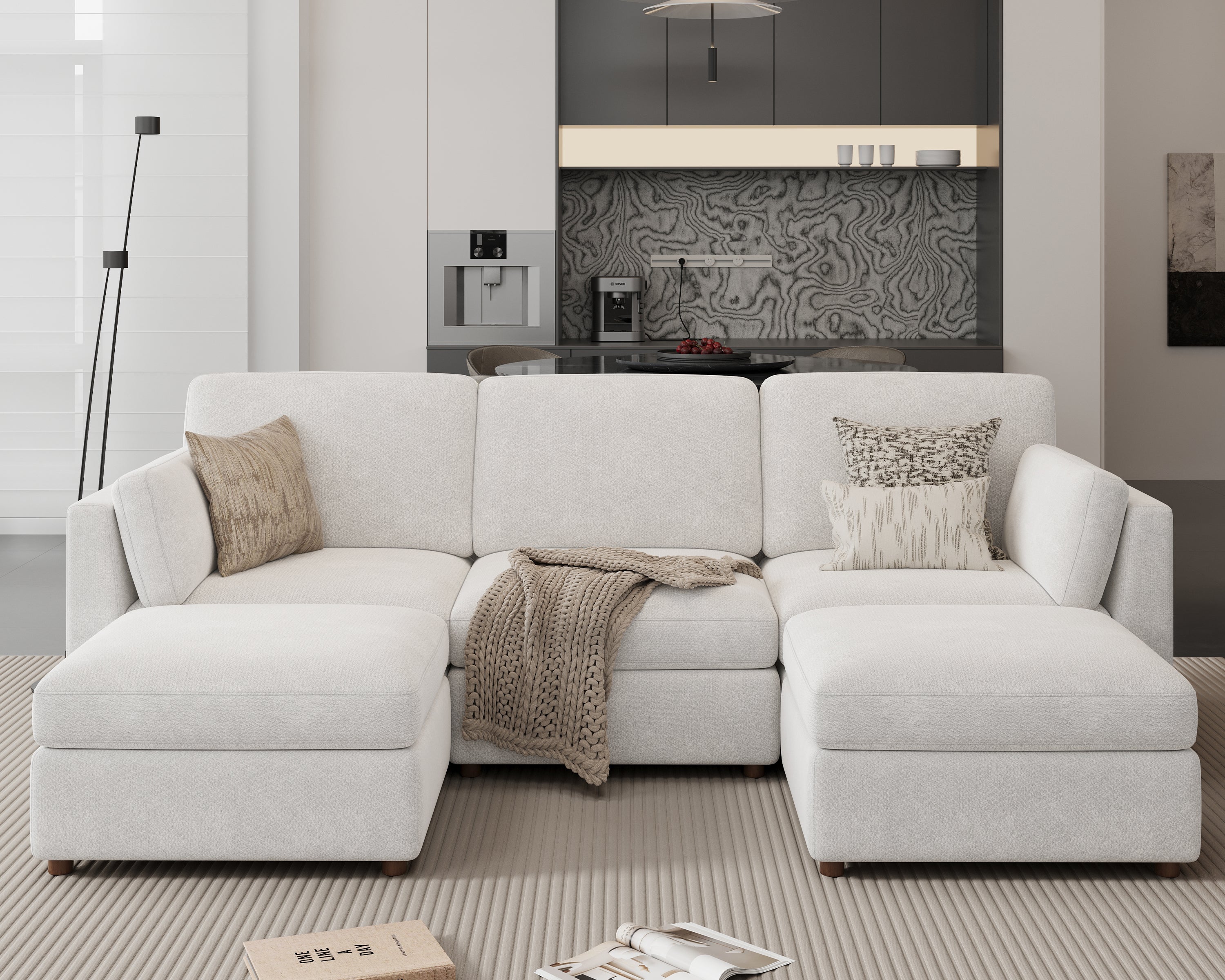 118'' Oversized Modular Sectional Sofa with Ottoman, White U-Shaped 5-Seat Luxury Corner Sectional Couches for Living Room, Solid Wood Frame Sofa, Removable Washable Cover, Deep Seat Couch