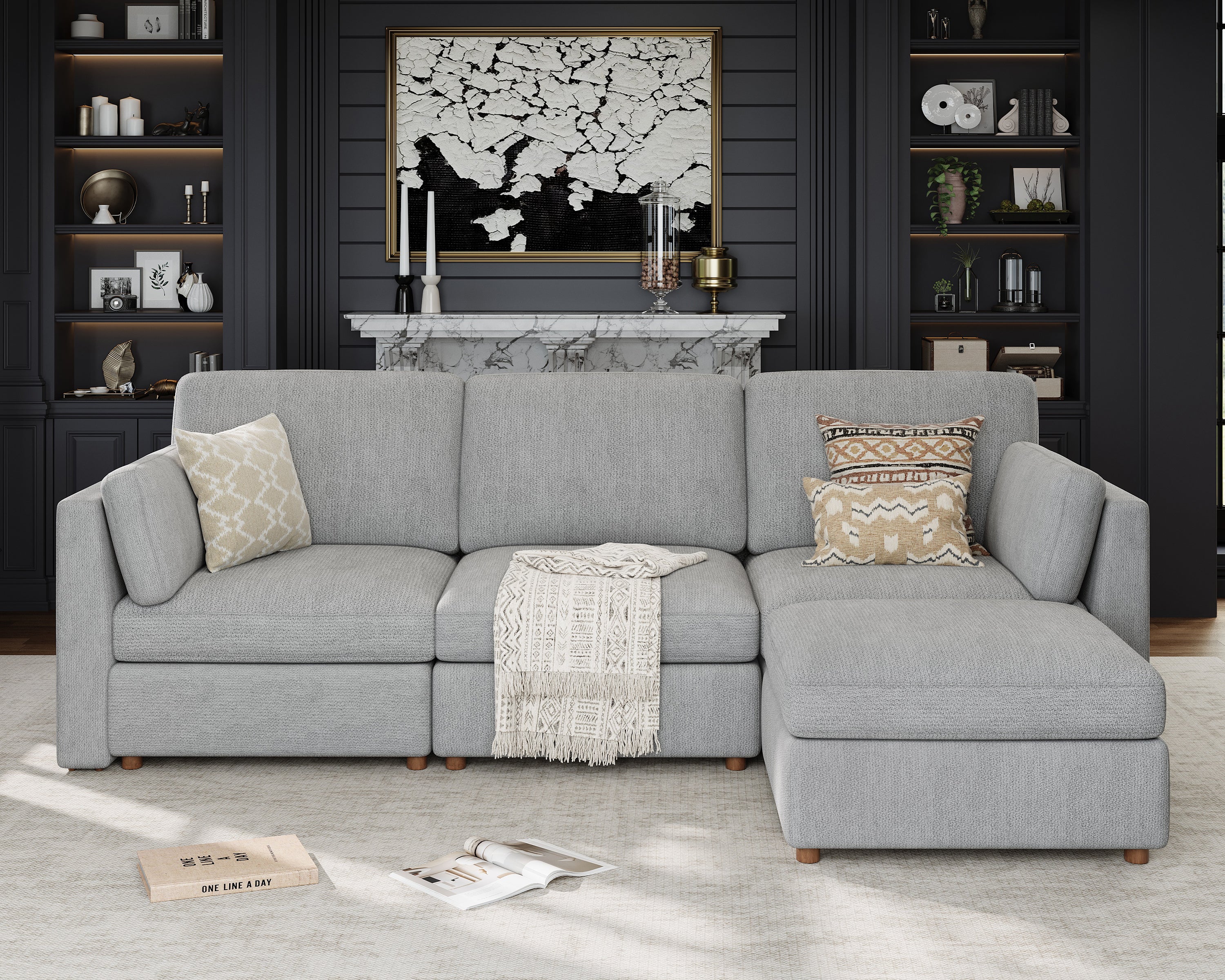 118'' Oversized Modular Sectional Sofa with Ottoman, Gray L-Shaped 4-Seat Luxury Corner Sectional Couches for Living Room, Solid Wood Frame Sofa, Removable Washable Cover, Deep Seat Couch