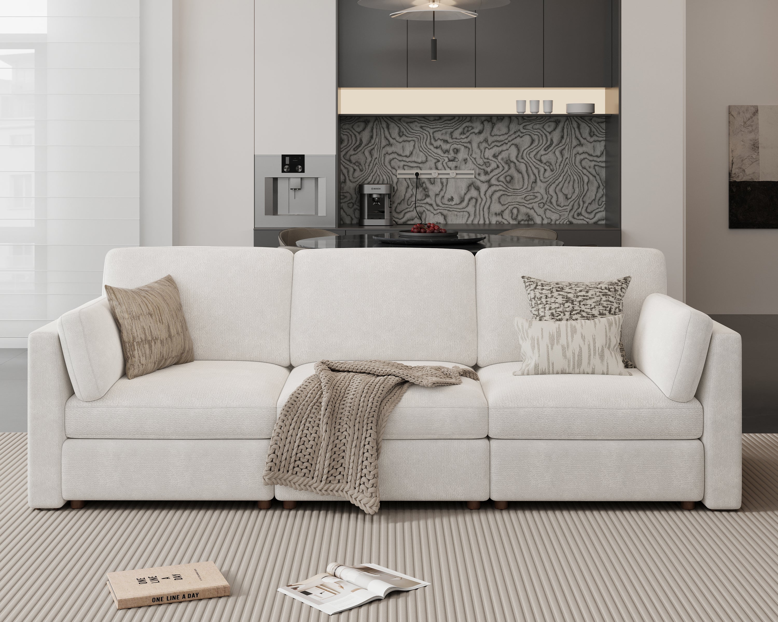 118'' Oversized Modular Sectional Sofa with Ottoman, White 3-Seat Luxury Corner Sectional Couches for Living Room, Solid Wood Frame Sofa, Removable Washable Cover, Deep Seat Couch