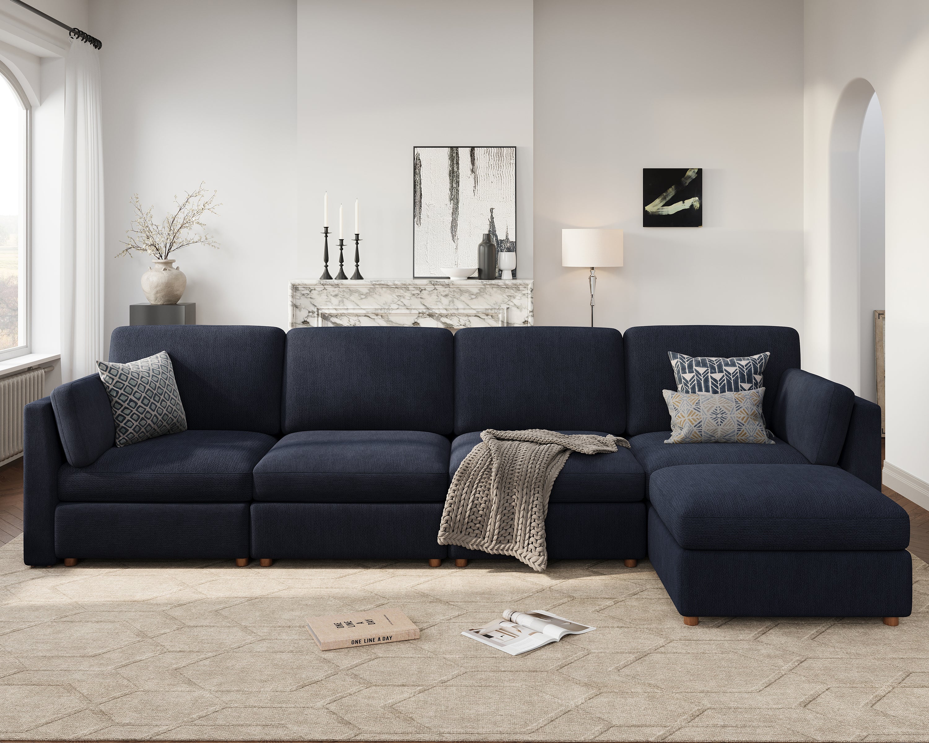 153'' Oversized Modular Sectional Sofa with Ottoman, Blue L-Shaped 5-Seat Luxury Corner Sectional Couches for Living Room, Solid Wood Frame Sofa, Removable Washable Cover, Deep Seat Couch